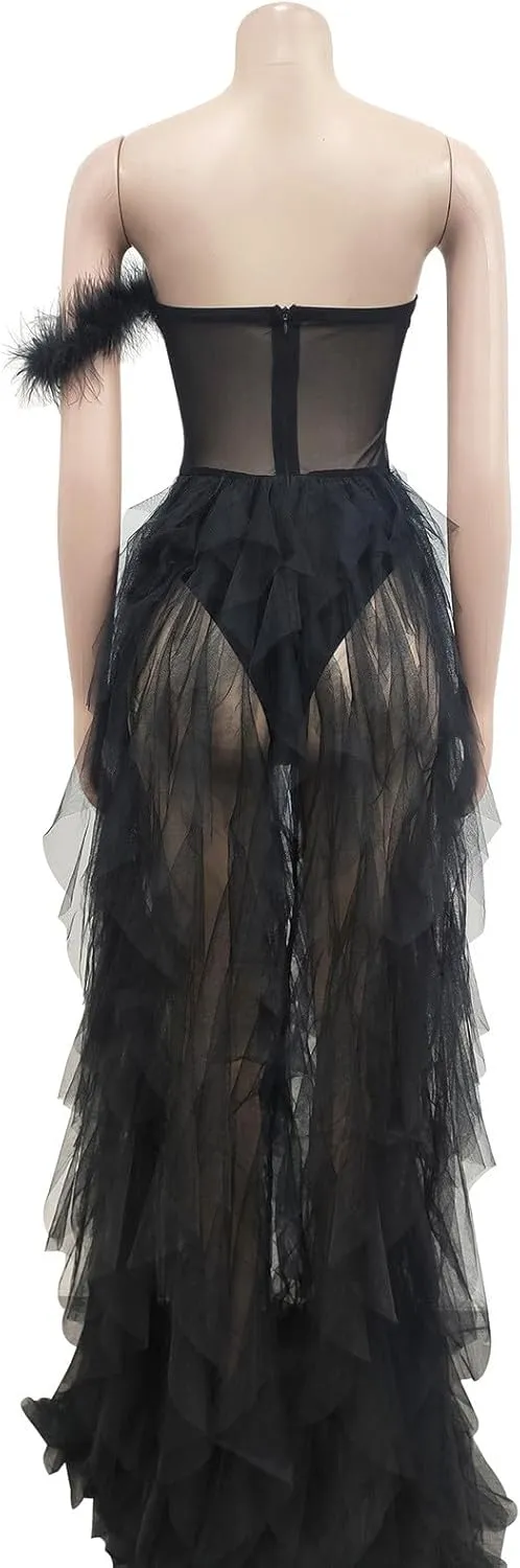 Women Sexy Tulle Dress Crochet Lace Mesh See Through Maxi Cocktail Party Dress Strapless Boho Wedding Guest Dresses