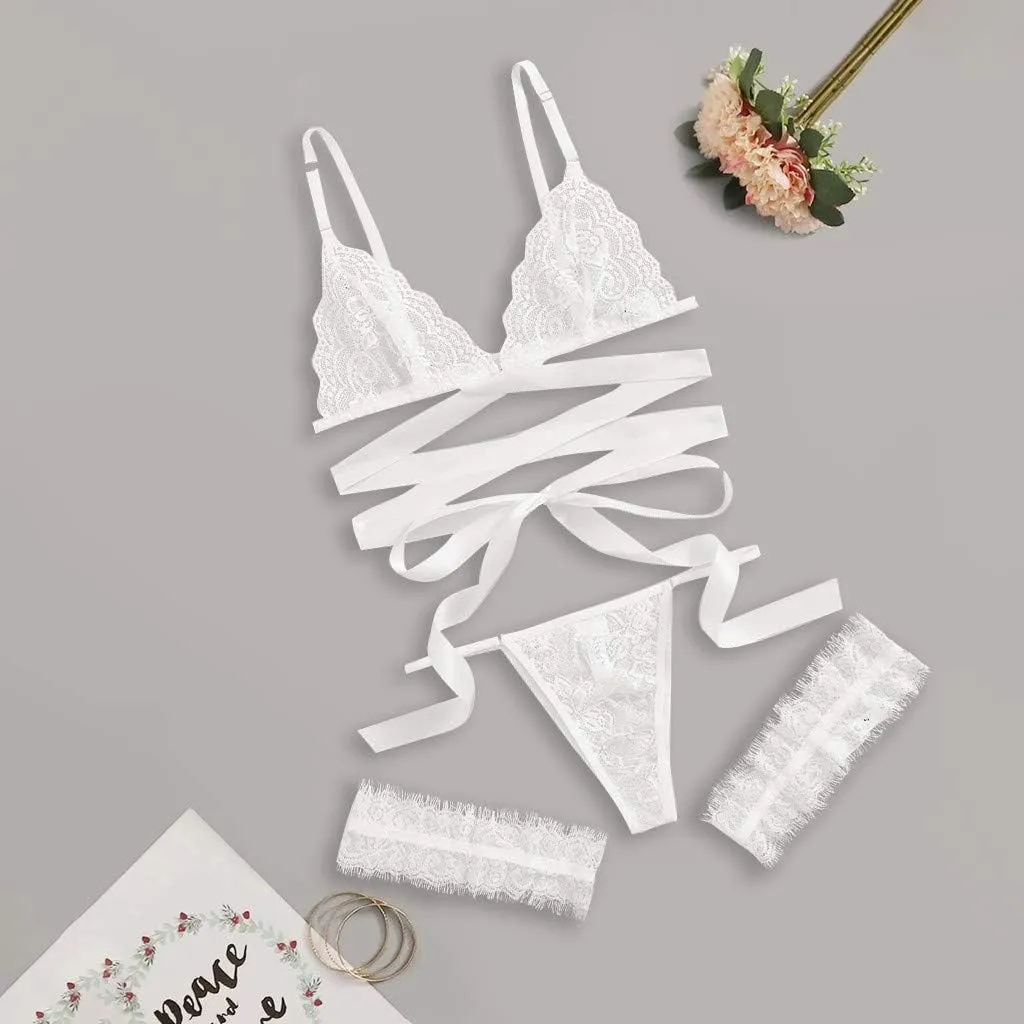 Women Sexy Underwear and Bra 3 Pieces Lace Bralette Garter Belts Matching Lingerie Sets Floral Leg Ring Set