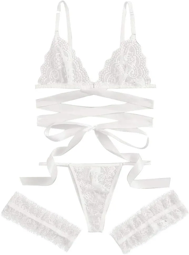 Women Sexy Underwear and Bra 3 Pieces Lace Bralette Garter Belts Matching Lingerie Sets Floral Leg Ring Set