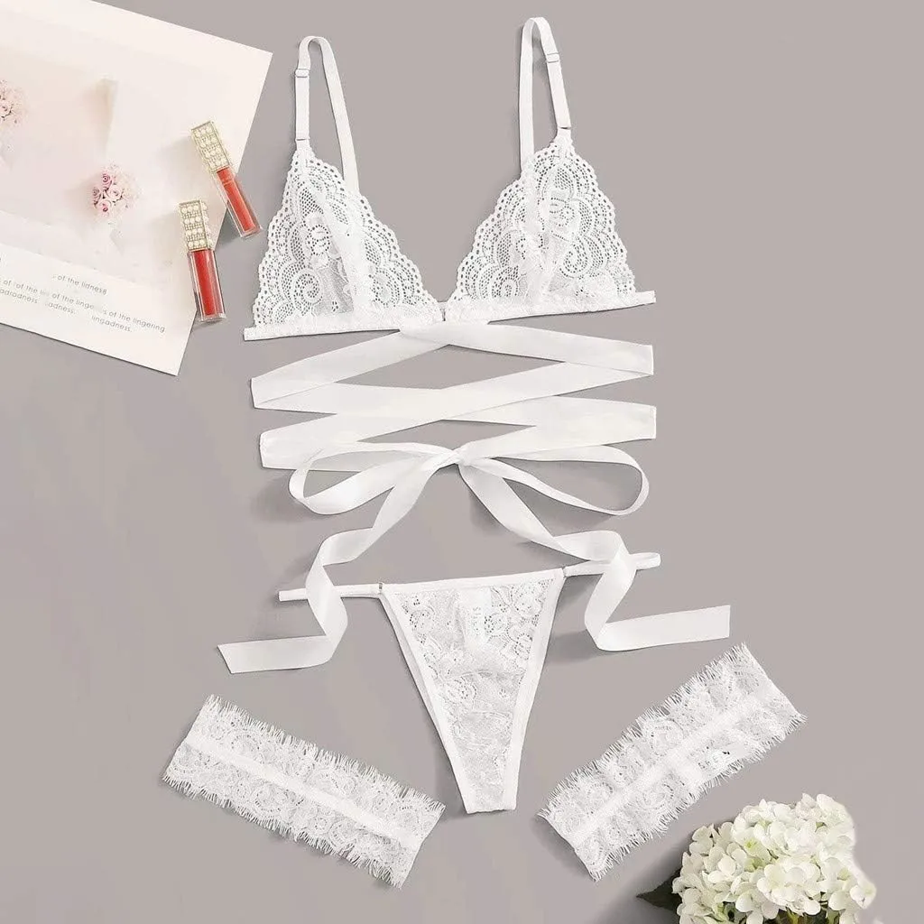 Women Sexy Underwear and Bra 3 Pieces Lace Bralette Garter Belts Matching Lingerie Sets Floral Leg Ring Set