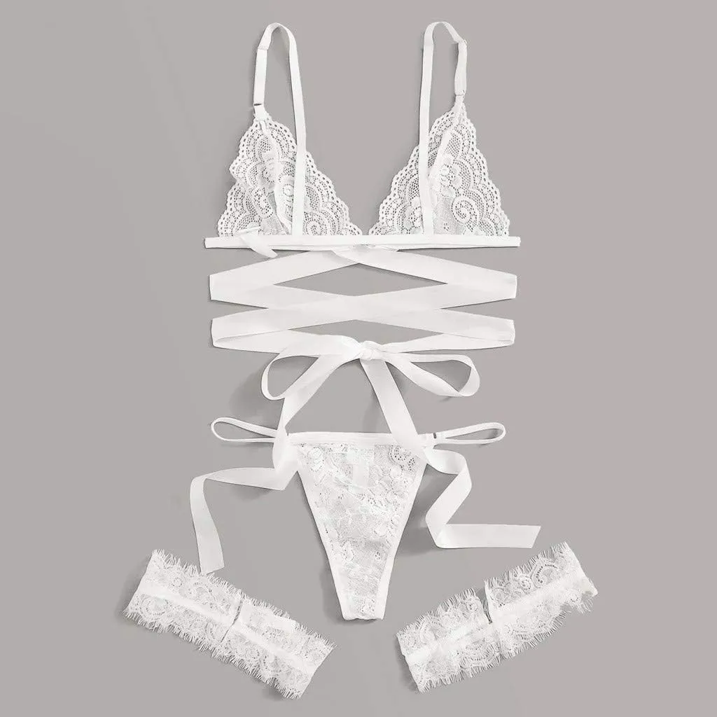 Women Sexy Underwear and Bra 3 Pieces Lace Bralette Garter Belts Matching Lingerie Sets Floral Leg Ring Set