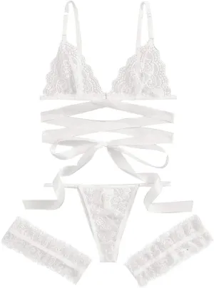 Women Sexy Underwear and Bra 3 Pieces Lace Bralette Garter Belts Matching Lingerie Sets Floral Leg Ring Set