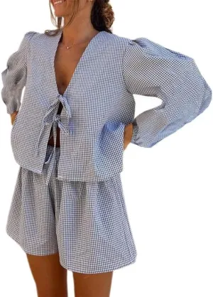 Women Striped Outfits Set 2 Piece Casual Lounge Sets Long Sleeve Tie Front Peplum Shirt Top Baggy Shorts Pj Set