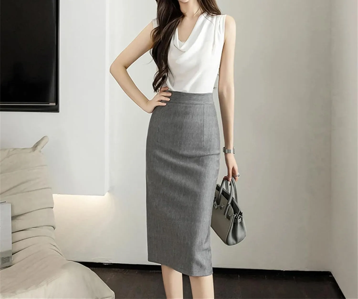 Women Vintage Stretch Pencil Skirts Office Lady Formal Midi Skirts Elegant Casual Bodycon Skirts