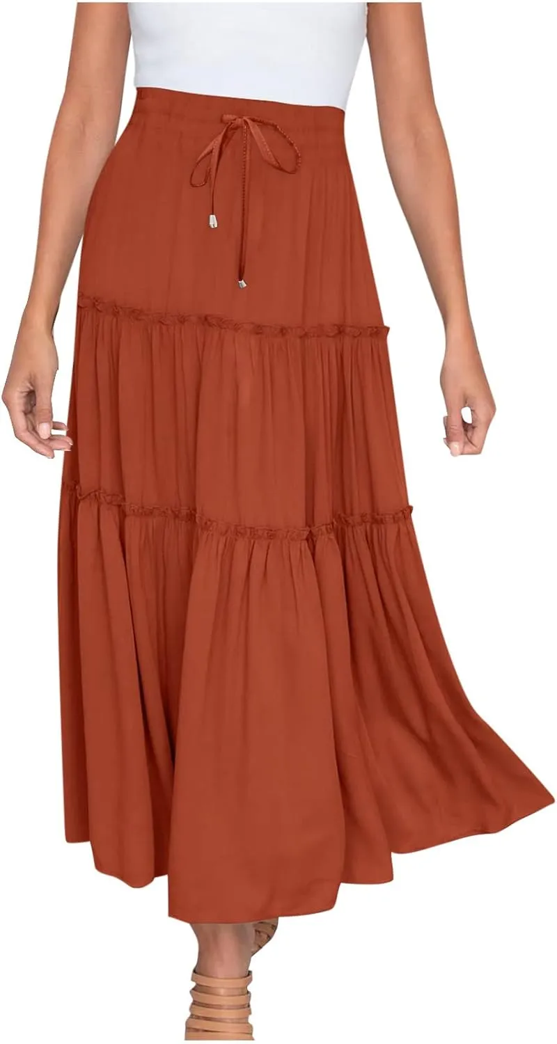 Womens 2025 Summer Long Flowy Skirt Elastic High Waist Boho Casual Maxi Skirt Tie Pleated Ruffle Tiered Skirts