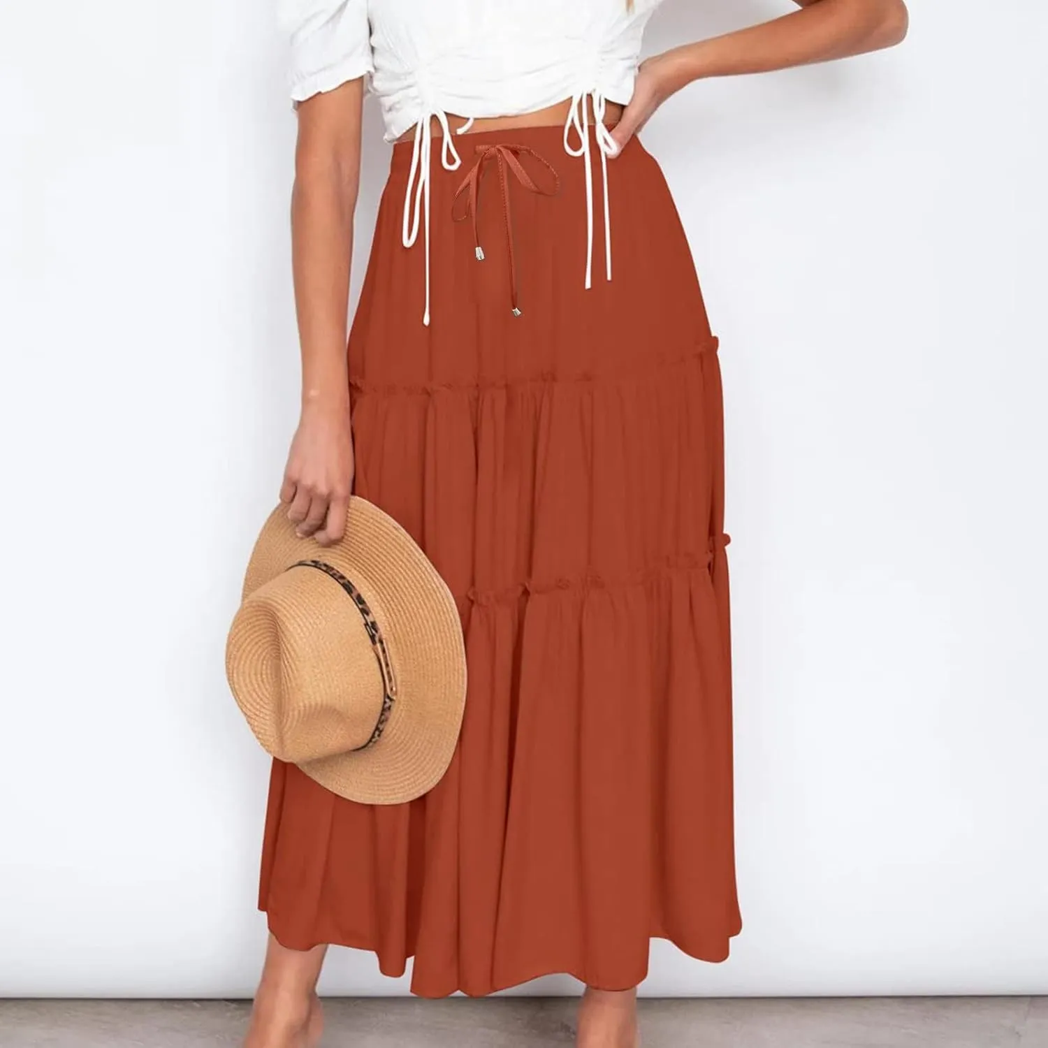 Womens 2025 Summer Long Flowy Skirt Elastic High Waist Boho Casual Maxi Skirt Tie Pleated Ruffle Tiered Skirts