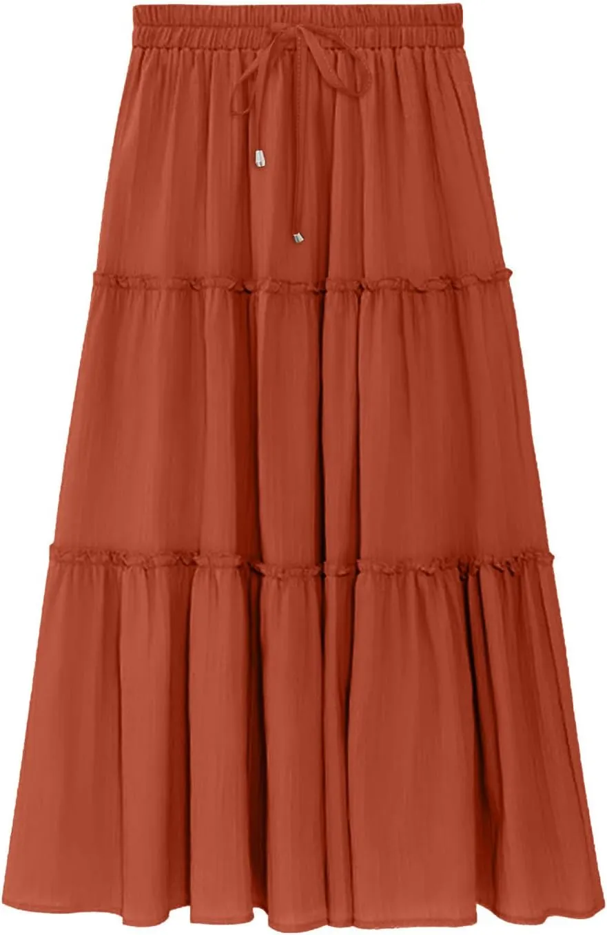 Womens 2025 Summer Long Flowy Skirt Elastic High Waist Boho Casual Maxi Skirt Tie Pleated Ruffle Tiered Skirts