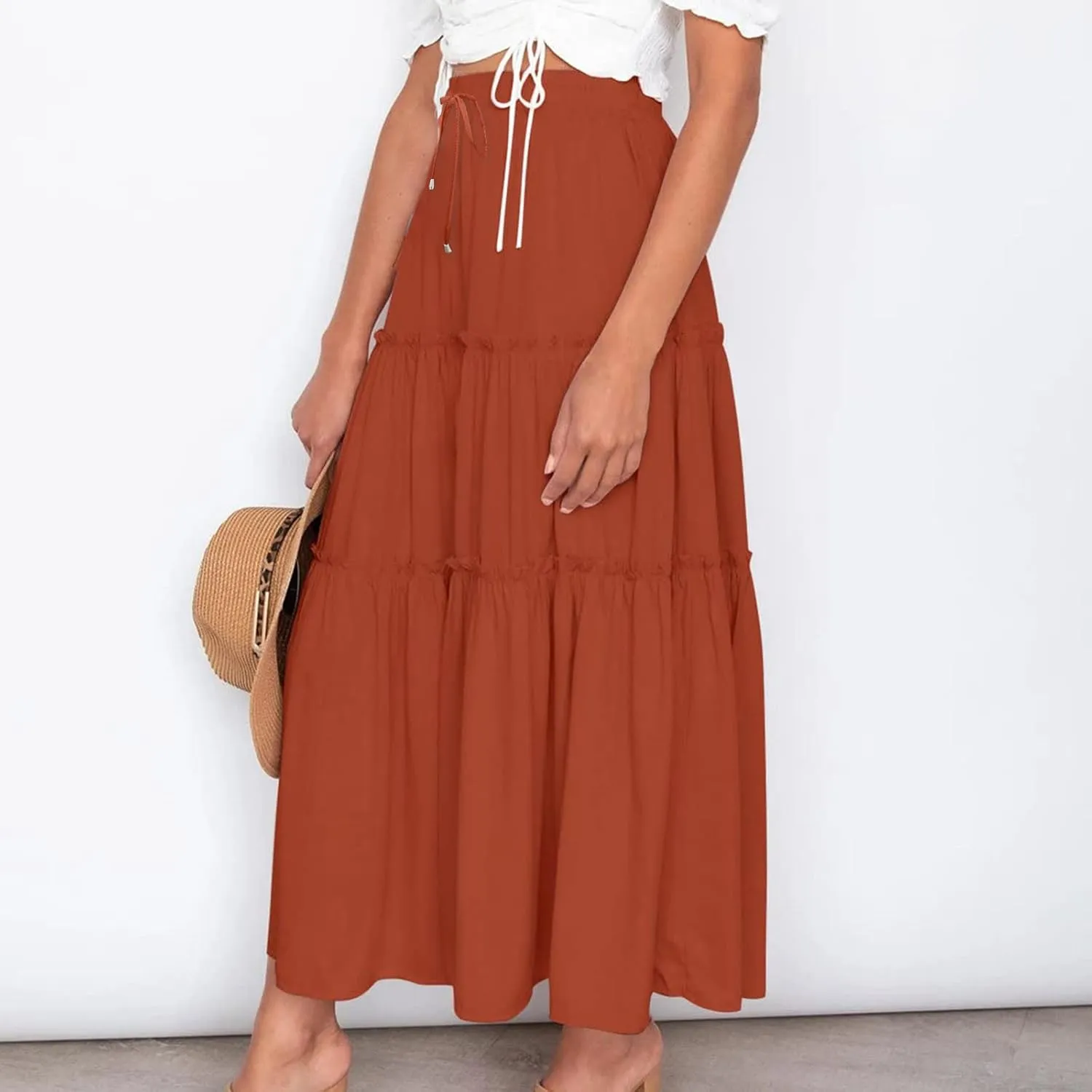 Womens 2025 Summer Long Flowy Skirt Elastic High Waist Boho Casual Maxi Skirt Tie Pleated Ruffle Tiered Skirts