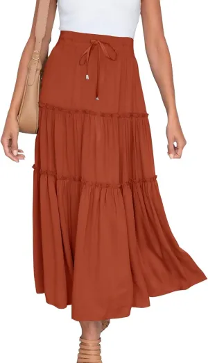 Womens 2025 Summer Long Flowy Skirt Elastic High Waist Boho Casual Maxi Skirt Tie Pleated Ruffle Tiered Skirts