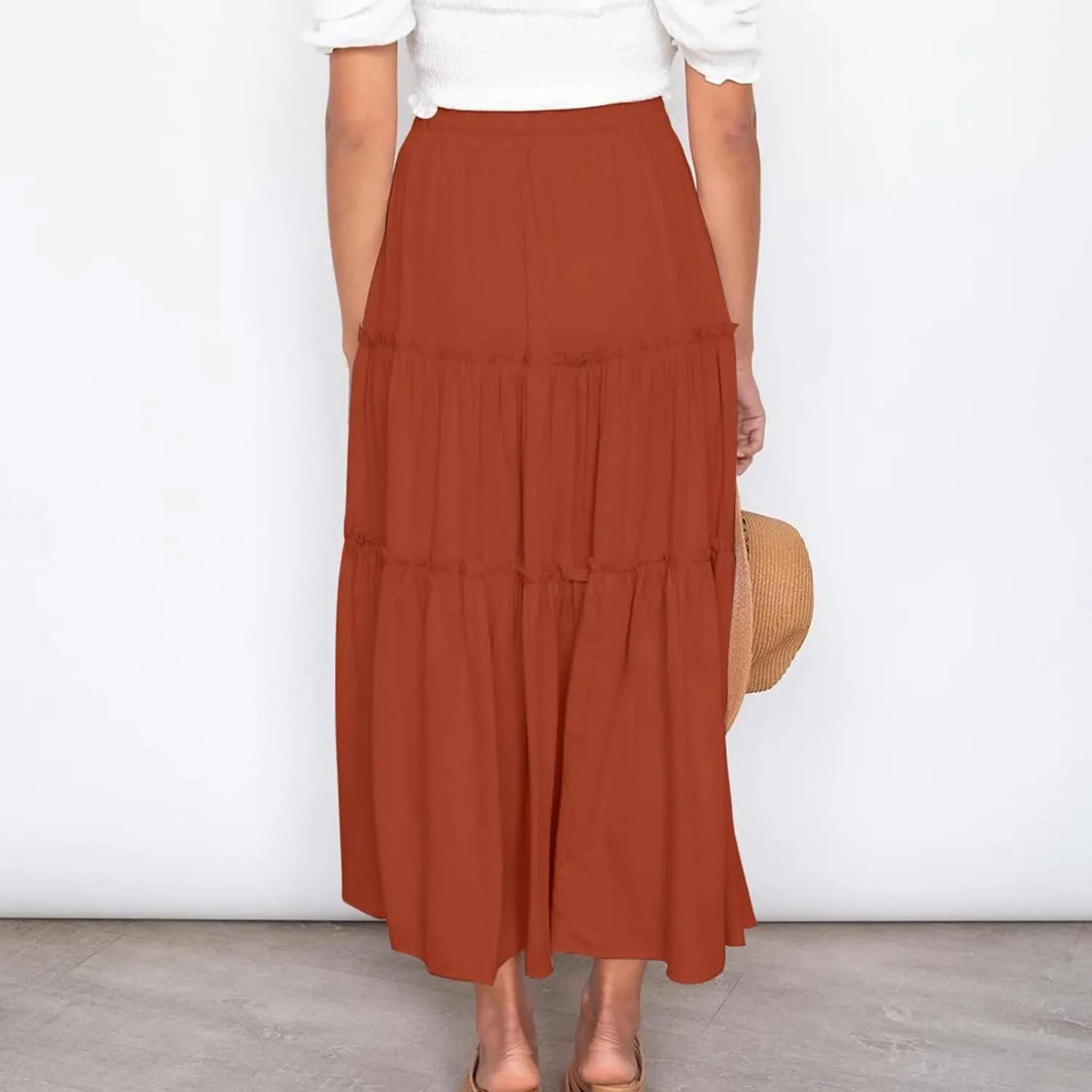 Womens 2025 Summer Long Flowy Skirt Elastic High Waist Boho Casual Maxi Skirt Tie Pleated Ruffle Tiered Skirts