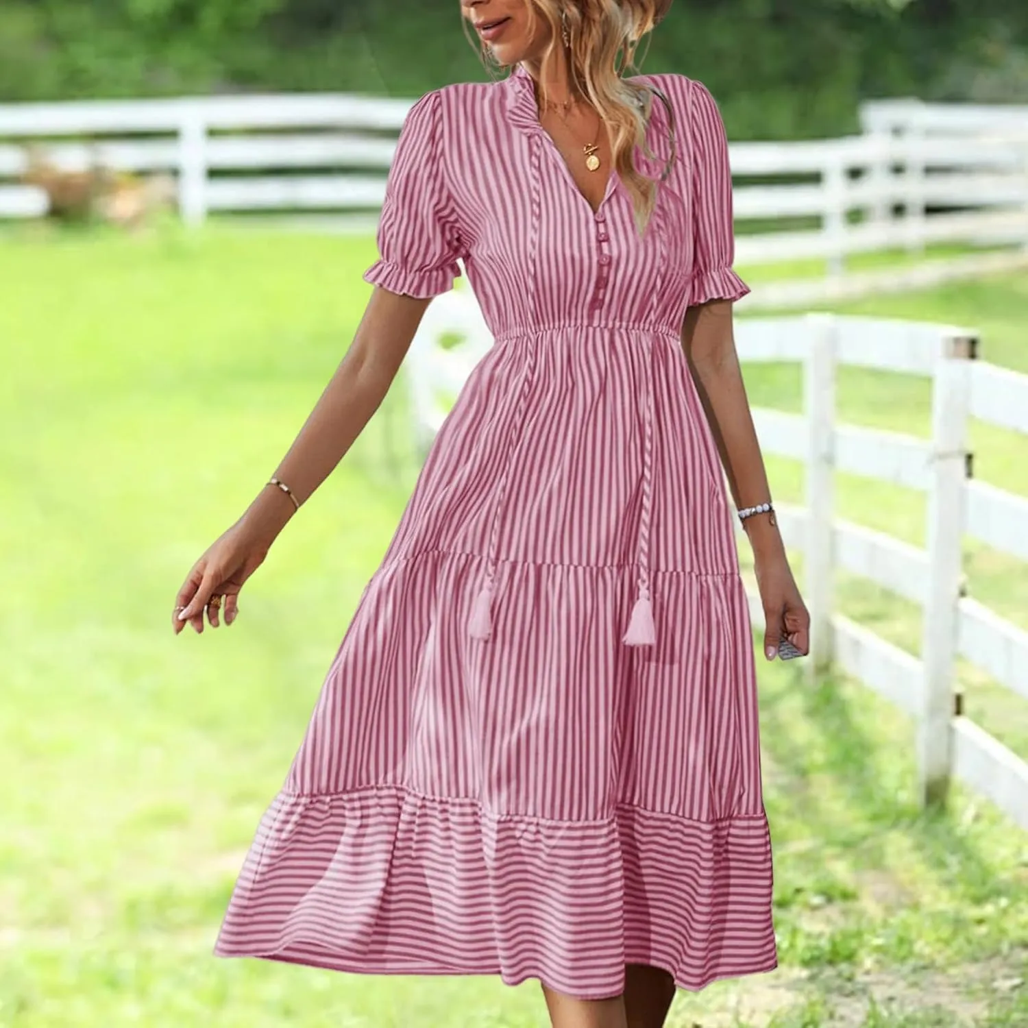 Womens 2025 Summer Sleeveless Shirt Dress Casual V Neck Stripe High Waist Puff Short Sleeve Beach Midi Dresses