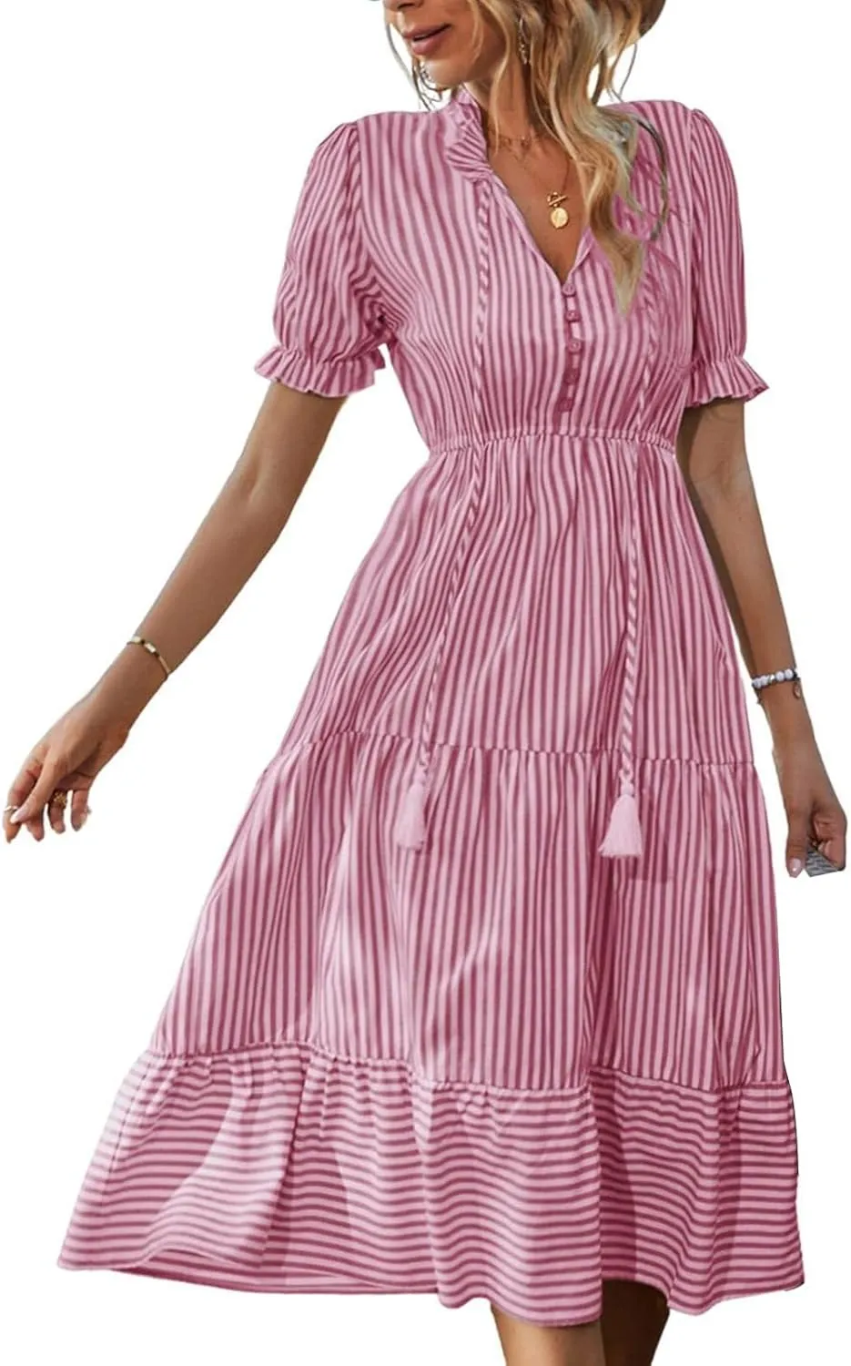 Womens 2025 Summer Sleeveless Shirt Dress Casual V Neck Stripe High Waist Puff Short Sleeve Beach Midi Dresses