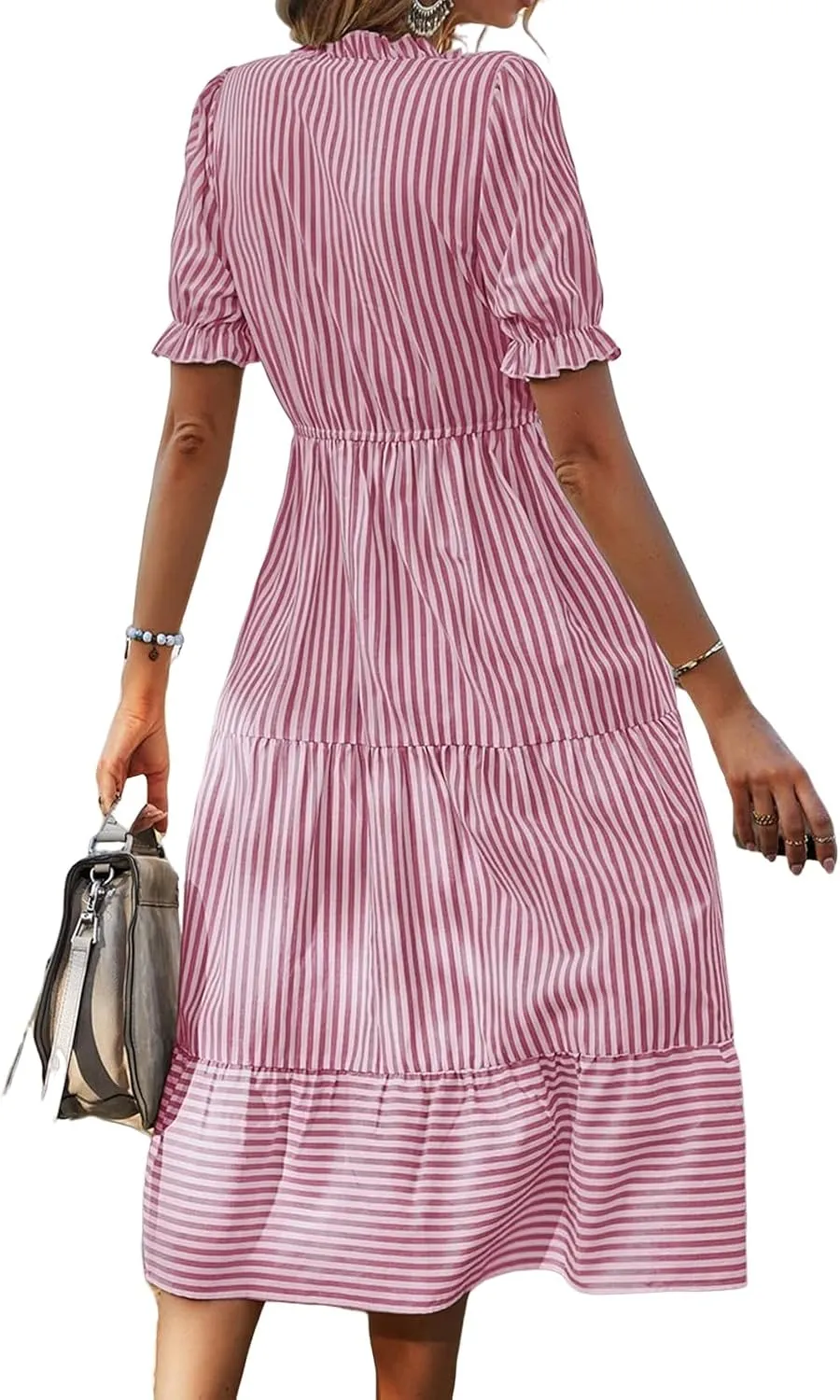 Womens 2025 Summer Sleeveless Shirt Dress Casual V Neck Stripe High Waist Puff Short Sleeve Beach Midi Dresses