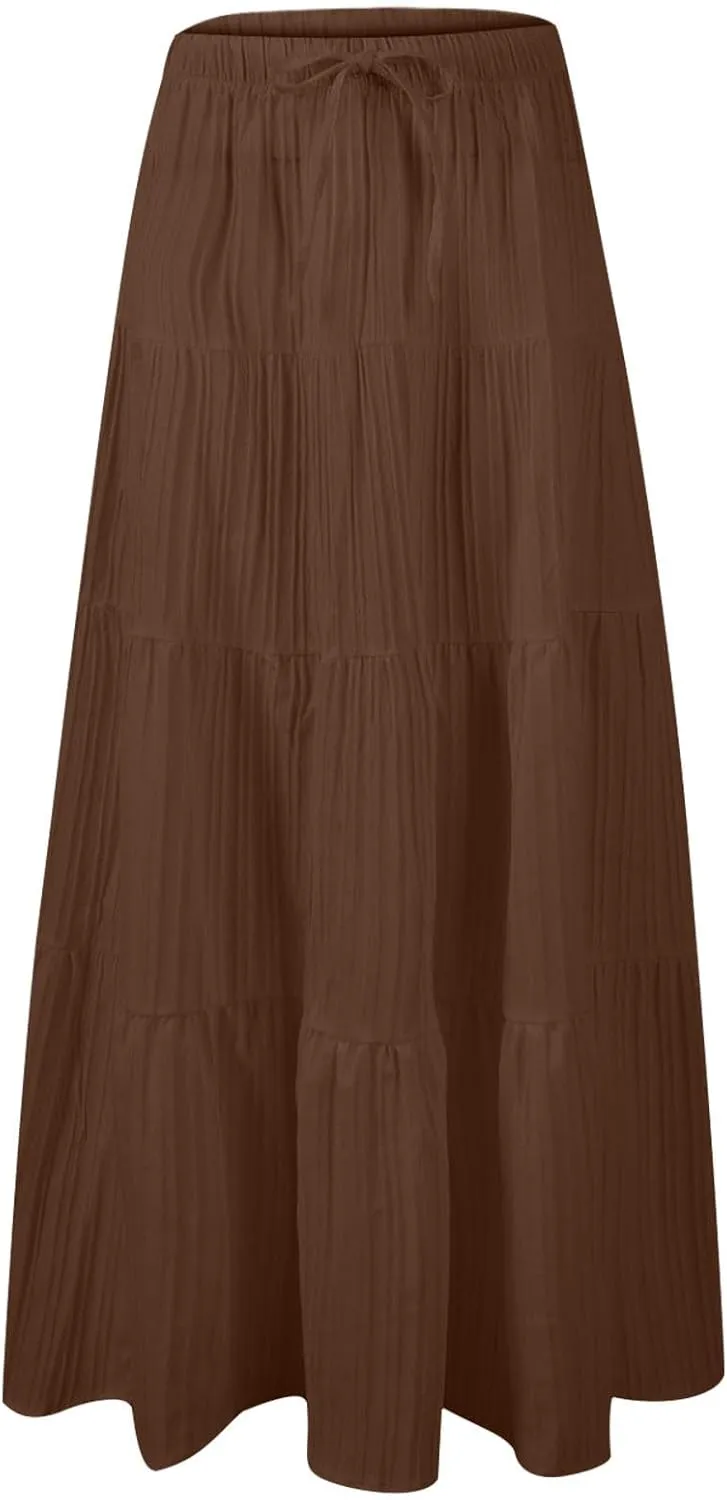Women's Beach Vacation Skirts Summer Flowy Ruffle Boho Pleated Drawstring Maxi Skirt Casual Fashion Flowy Skirts