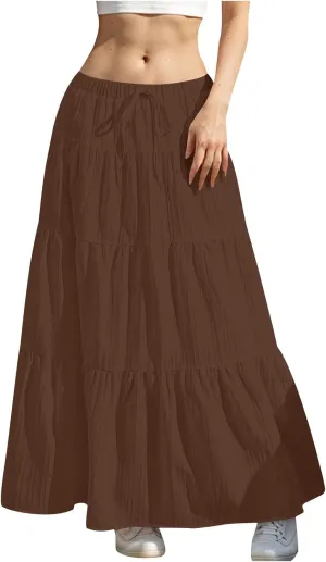 Women's Beach Vacation Skirts Summer Flowy Ruffle Boho Pleated Drawstring Maxi Skirt Casual Fashion Flowy Skirts