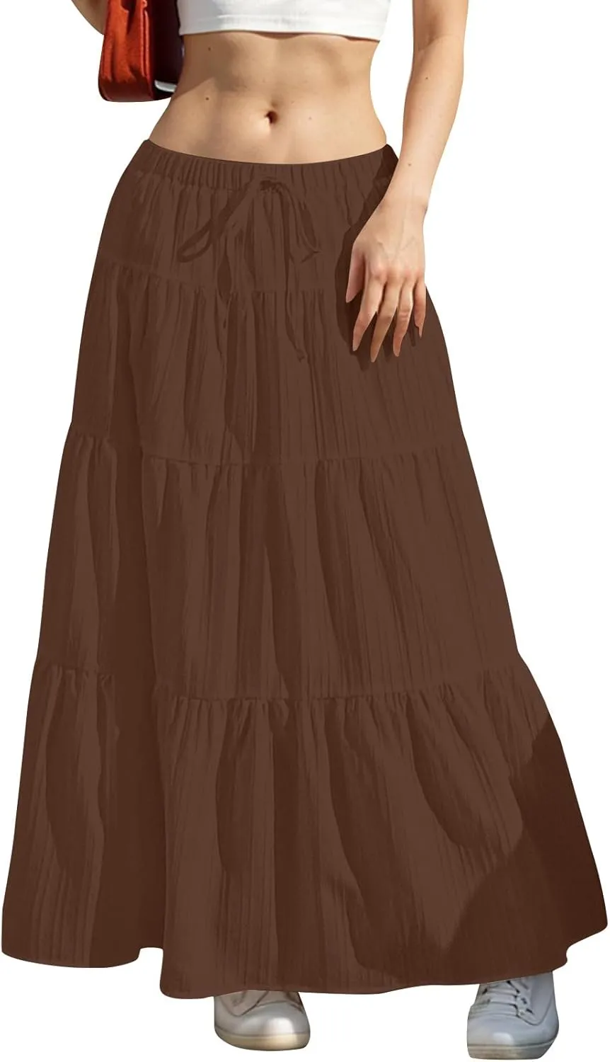 Women's Beach Vacation Skirts Summer Flowy Ruffle Boho Pleated Drawstring Maxi Skirt Casual Fashion Flowy Skirts
