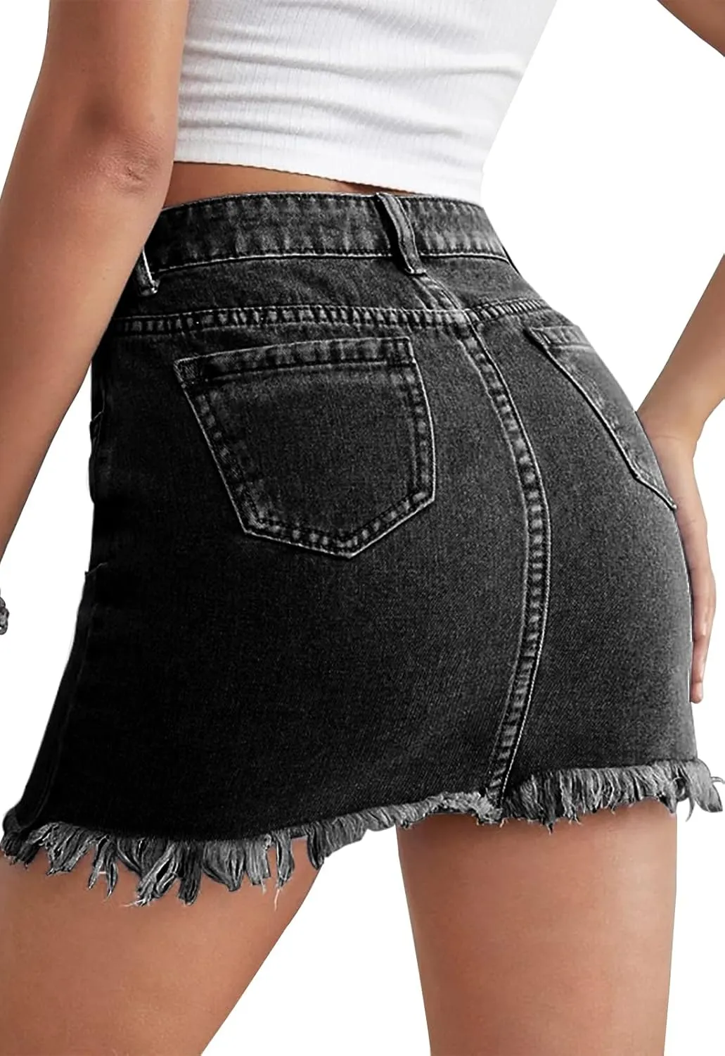 Women’s Bodycon Denim Mini Skirt High Waist Casual Washed Frayed Stretchy Jean Skirts with Pocket for Women