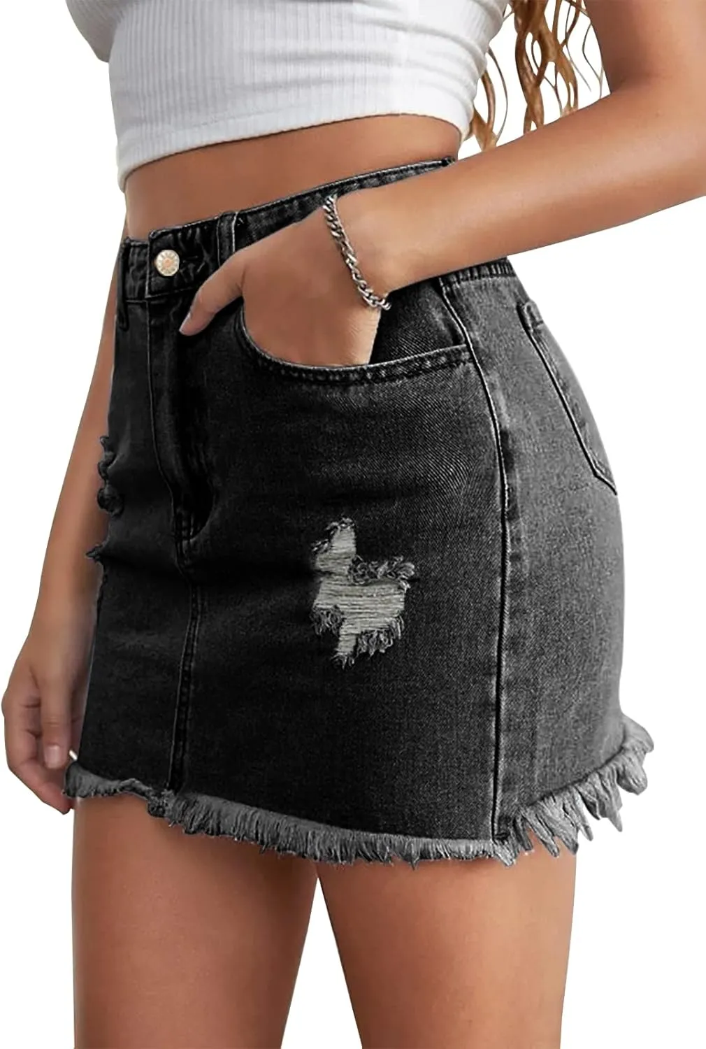 Women’s Bodycon Denim Mini Skirt High Waist Casual Washed Frayed Stretchy Jean Skirts with Pocket for Women