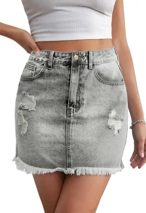 Women’s Bodycon Denim Mini Skirt High Waist Casual Washed Frayed Stretchy Jean Skirts with Pocket for Women