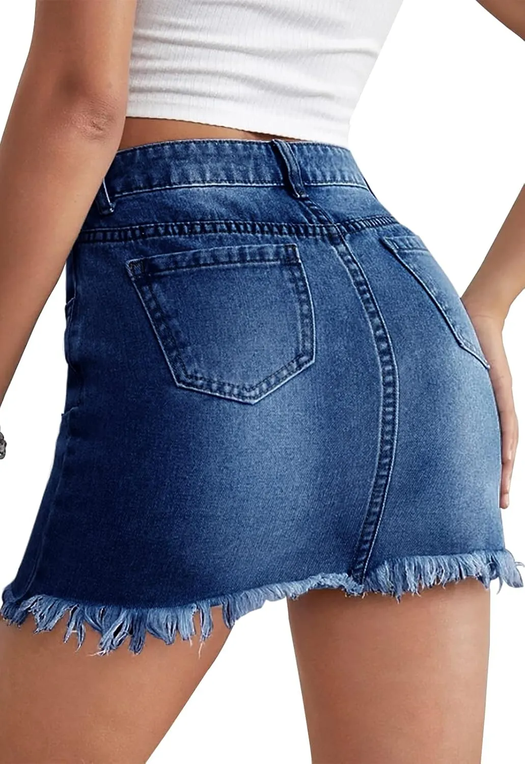 Women’s Bodycon Denim Mini Skirt High Waist Casual Washed Frayed Stretchy Jean Skirts with Pocket for Women