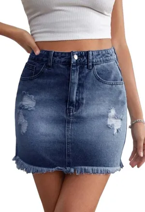 Women’s Bodycon Denim Mini Skirt High Waist Casual Washed Frayed Stretchy Jean Skirts with Pocket for Women