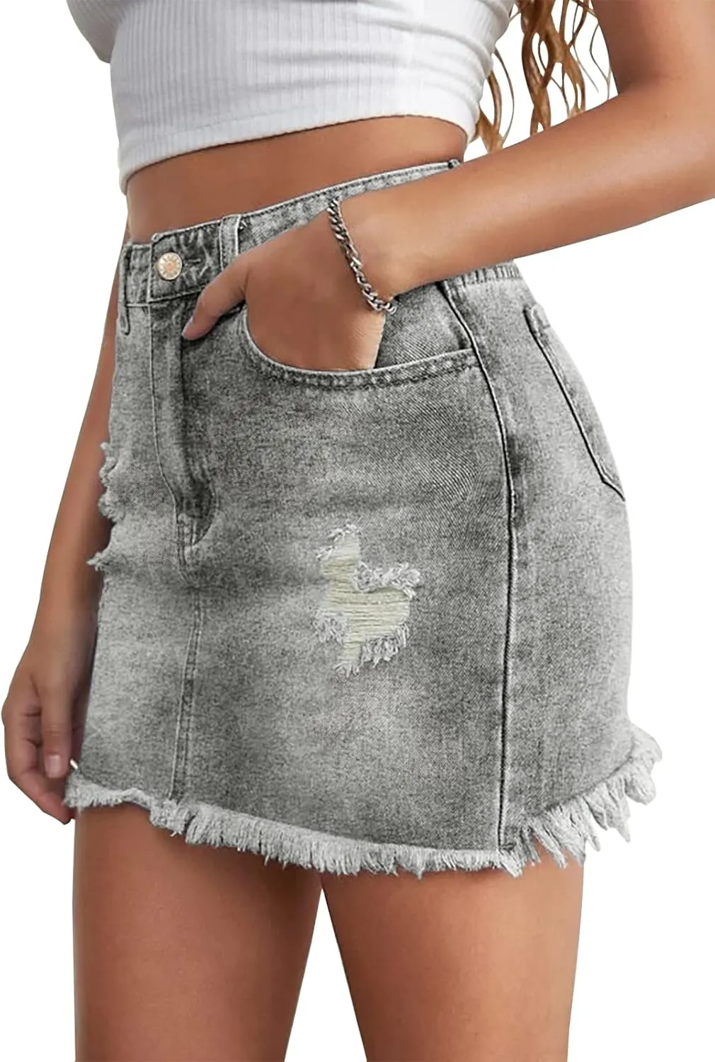 Women’s Bodycon Denim Mini Skirt High Waist Casual Washed Frayed Stretchy Jean Skirts with Pocket for Women