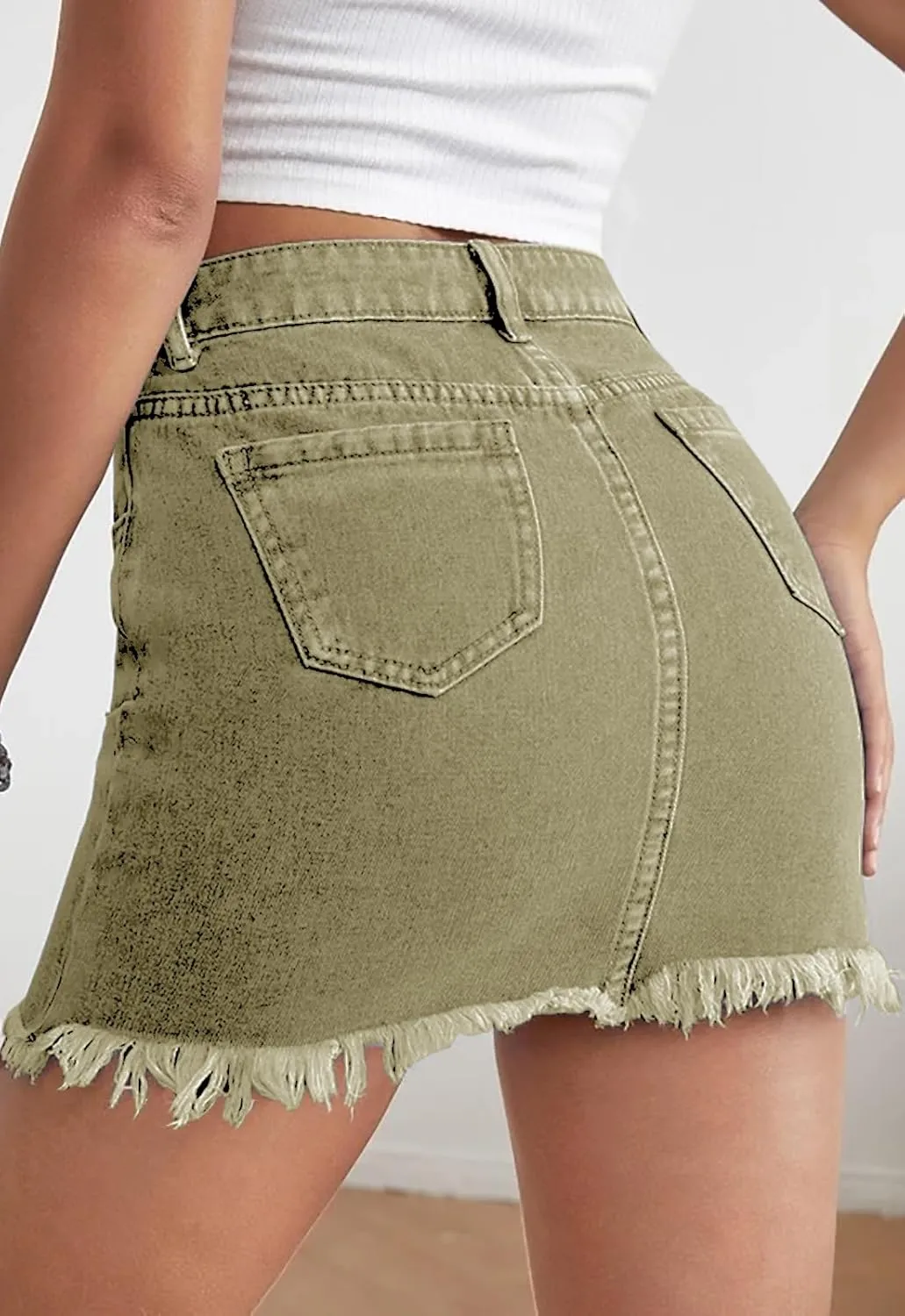 Women’s Bodycon Denim Mini Skirt High Waist Casual Washed Frayed Stretchy Jean Skirts with Pocket for Women