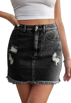 Women’s Bodycon Denim Mini Skirt High Waist Casual Washed Frayed Stretchy Jean Skirts with Pocket for Women