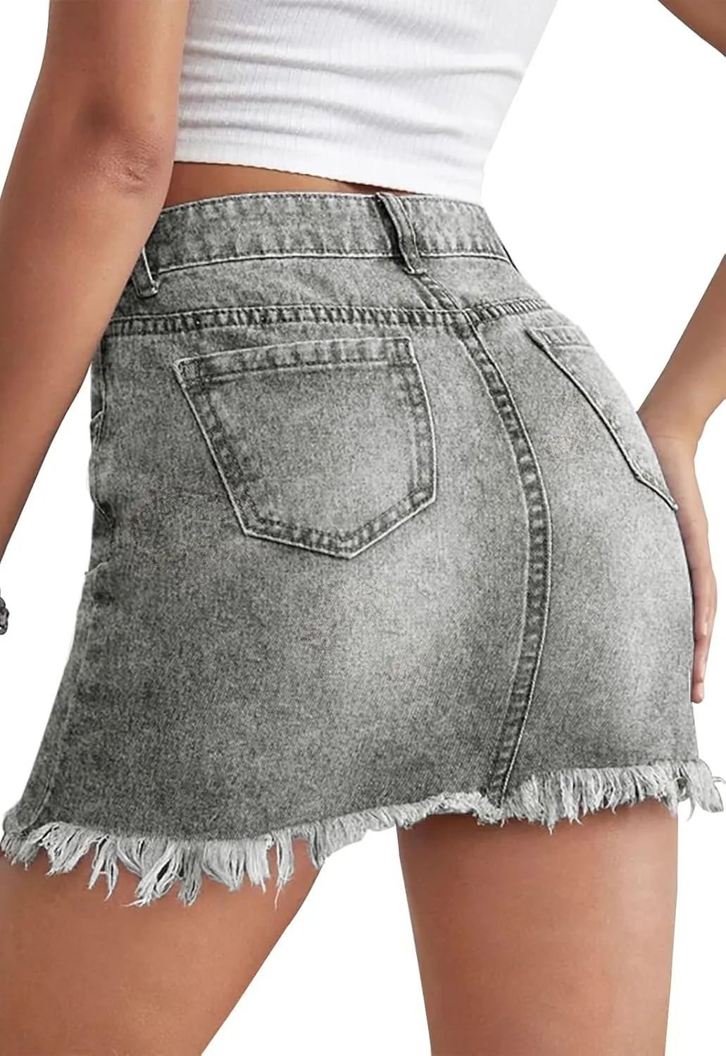 Women’s Bodycon Denim Mini Skirt High Waist Casual Washed Frayed Stretchy Jean Skirts with Pocket for Women