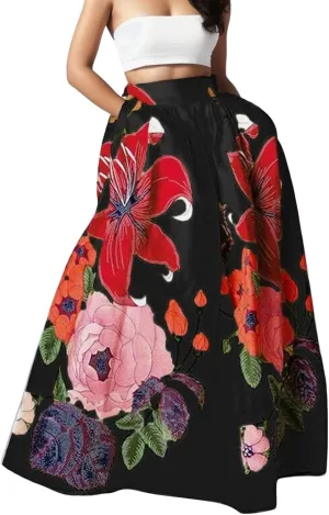 Women's Boho Floral Printed Maxi Skirt Summer Beach High Waisted Mopping Floor Length A Line Long Skirts with Pockets