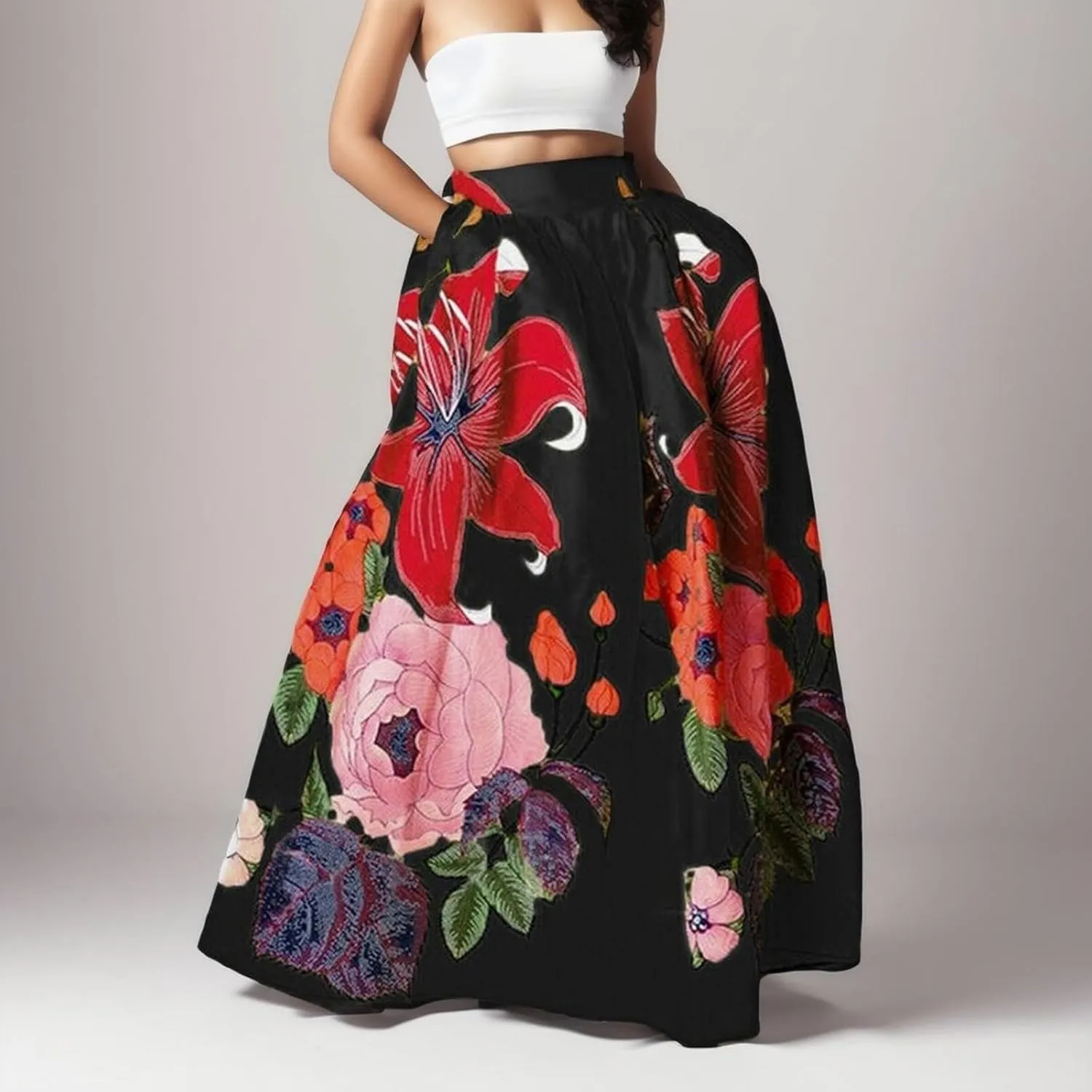 Women's Boho Floral Printed Maxi Skirt Summer Beach High Waisted Mopping Floor Length A Line Long Skirts with Pockets