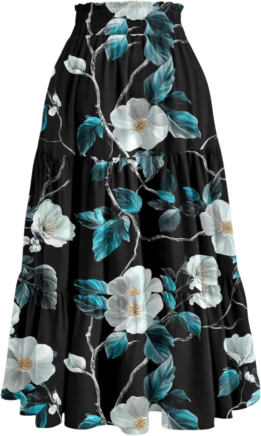 Women's Boho Skirt Floral Printing Drawstring Elastic Waist Ruched Hem Skirts Fashion Casual Vacation Skirt