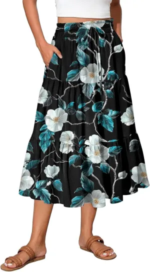 Women's Boho Skirt Floral Printing Drawstring Elastic Waist Ruched Hem Skirts Fashion Casual Vacation Skirt