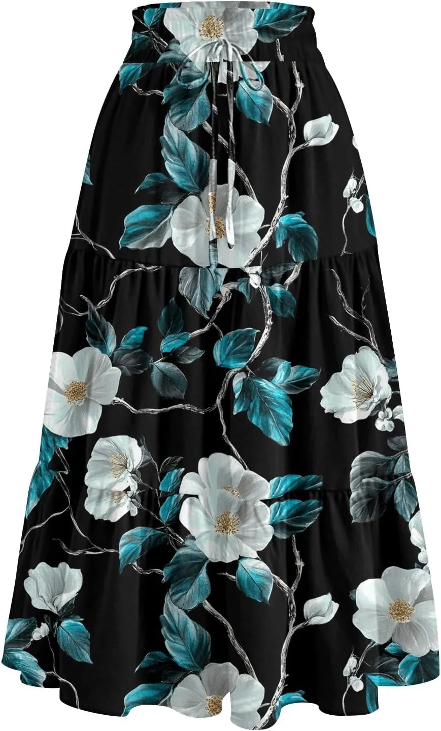 Women's Boho Skirt Floral Printing Drawstring Elastic Waist Ruched Hem Skirts Fashion Casual Vacation Skirt
