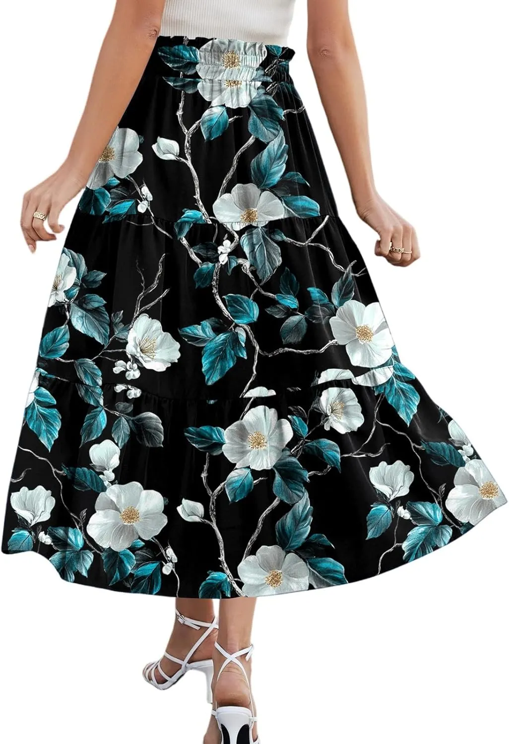 Women's Boho Skirt Floral Printing Drawstring Elastic Waist Ruched Hem Skirts Fashion Casual Vacation Skirt