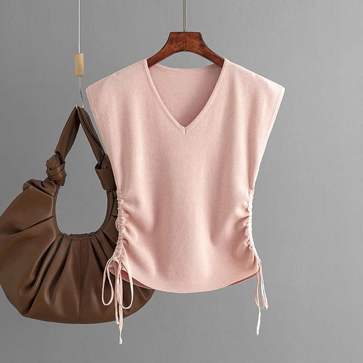 Womens Cap Sleeve Tank Tops Drawstring Side Ruched V Neck Solid Color Shirts 2024 Summer Fashion Slim Fit Tees Top