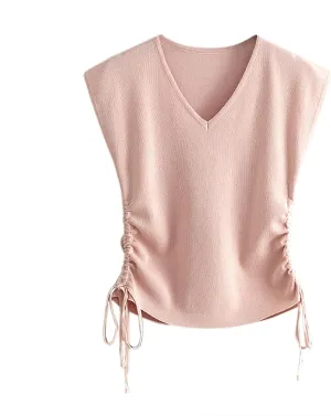 Womens Cap Sleeve Tank Tops Drawstring Side Ruched V Neck Solid Color Shirts 2024 Summer Fashion Slim Fit Tees Top