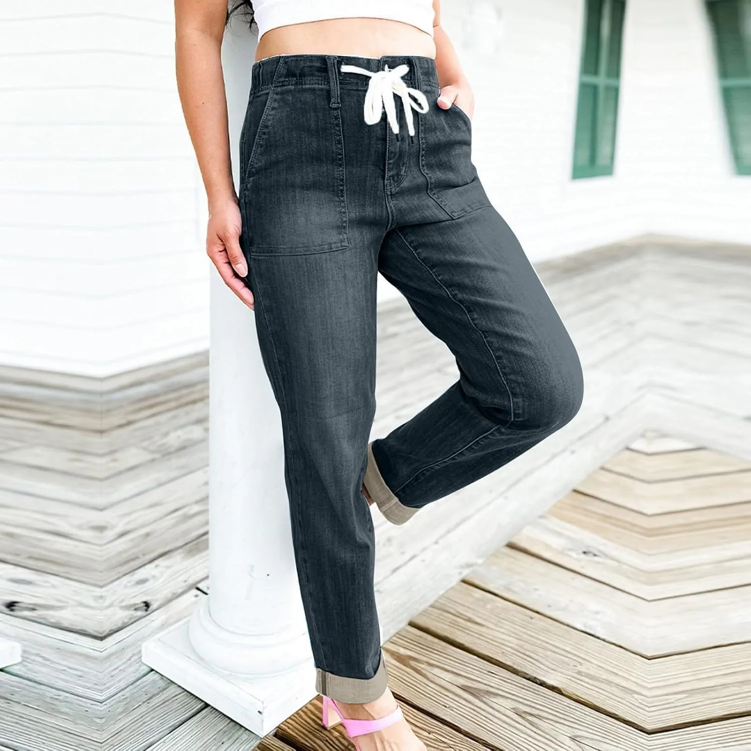 Womens Casual Cotton Linen Pants Lightweight Summer Relax Fit Elastic Waist Plus Size Solid Lounge Long Trousers