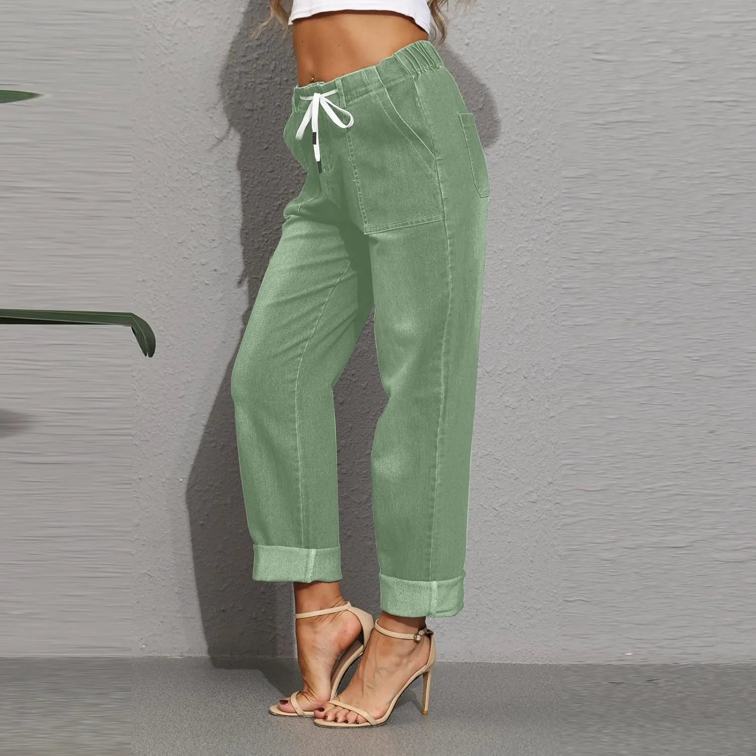 Womens Casual Cotton Linen Pants Lightweight Summer Relax Fit Elastic Waist Plus Size Solid Lounge Long Trousers