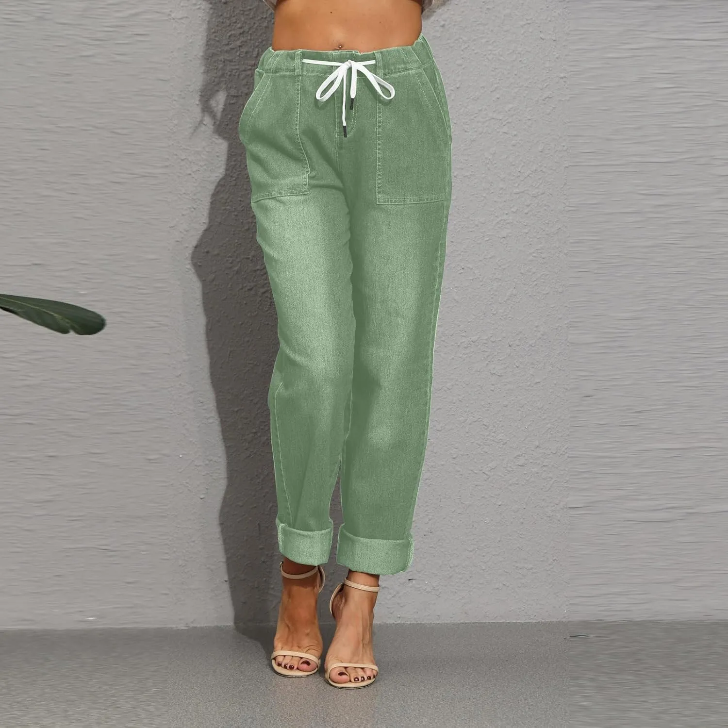 Womens Casual Cotton Linen Pants Lightweight Summer Relax Fit Elastic Waist Plus Size Solid Lounge Long Trousers