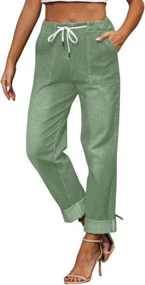 Womens Casual Cotton Linen Pants Lightweight Summer Relax Fit Elastic Waist Plus Size Solid Lounge Long Trousers