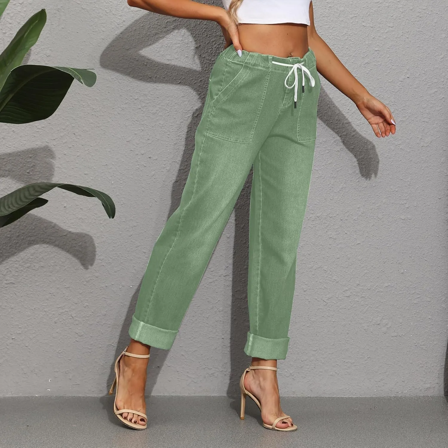 Womens Casual Cotton Linen Pants Lightweight Summer Relax Fit Elastic Waist Plus Size Solid Lounge Long Trousers