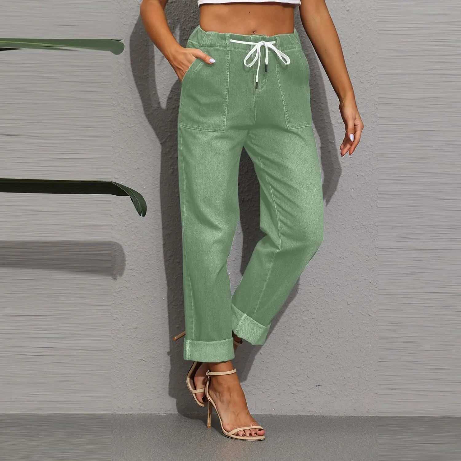 Womens Casual Cotton Linen Pants Lightweight Summer Relax Fit Elastic Waist Plus Size Solid Lounge Long Trousers