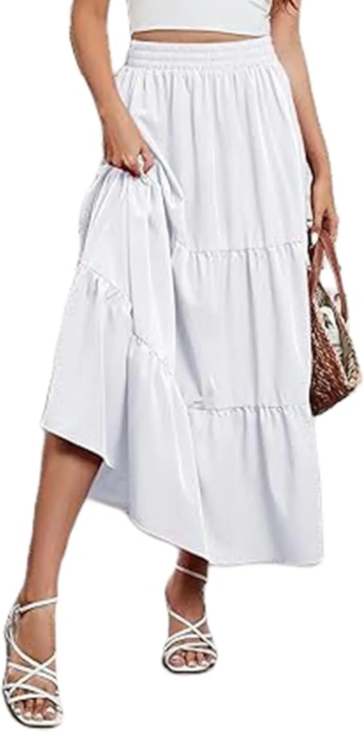 Women's Casual Elastic High Waist Skirt Boho Flowy Swing Tiered Long Skirts Ruffle A-Line Skirt 2025 Fashion