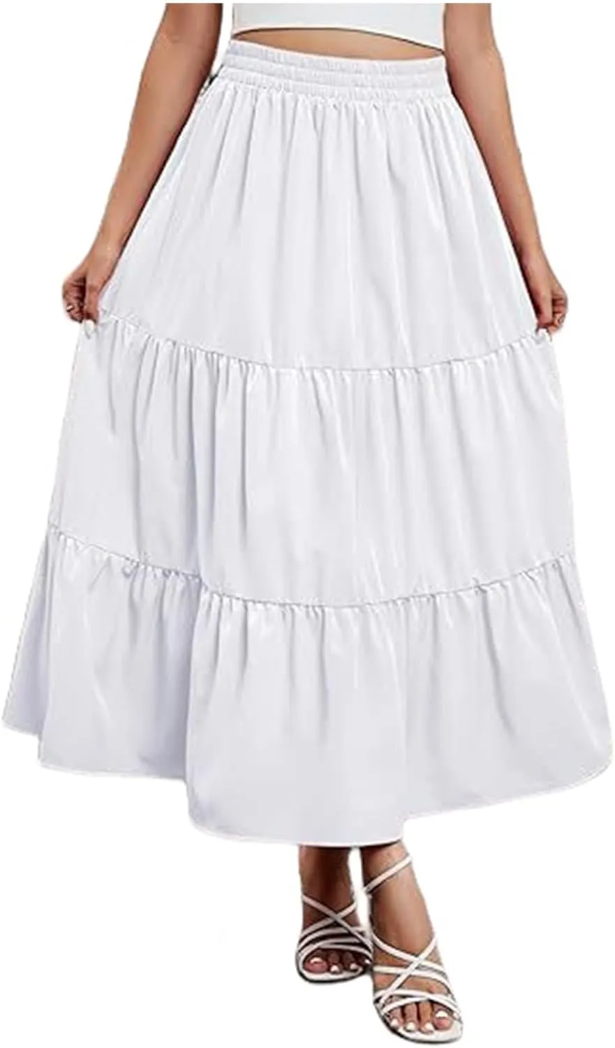 Women's Casual Elastic High Waist Skirt Boho Flowy Swing Tiered Long Skirts Ruffle A-Line Skirt 2025 Fashion