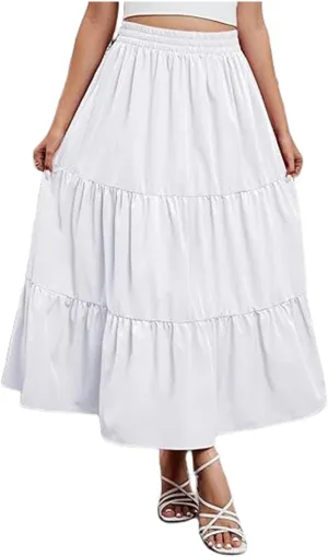 Women's Casual Elastic High Waist Skirt Boho Flowy Swing Tiered Long Skirts Ruffle A-Line Skirt 2025 Fashion