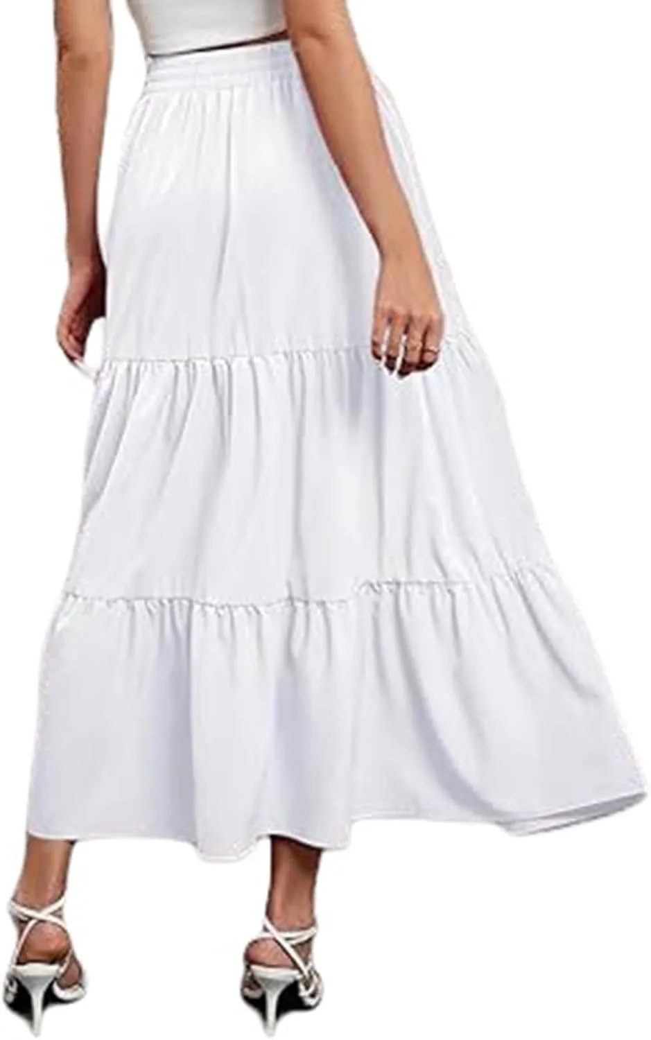 Women's Casual Elastic High Waist Skirt Boho Flowy Swing Tiered Long Skirts Ruffle A-Line Skirt 2025 Fashion
