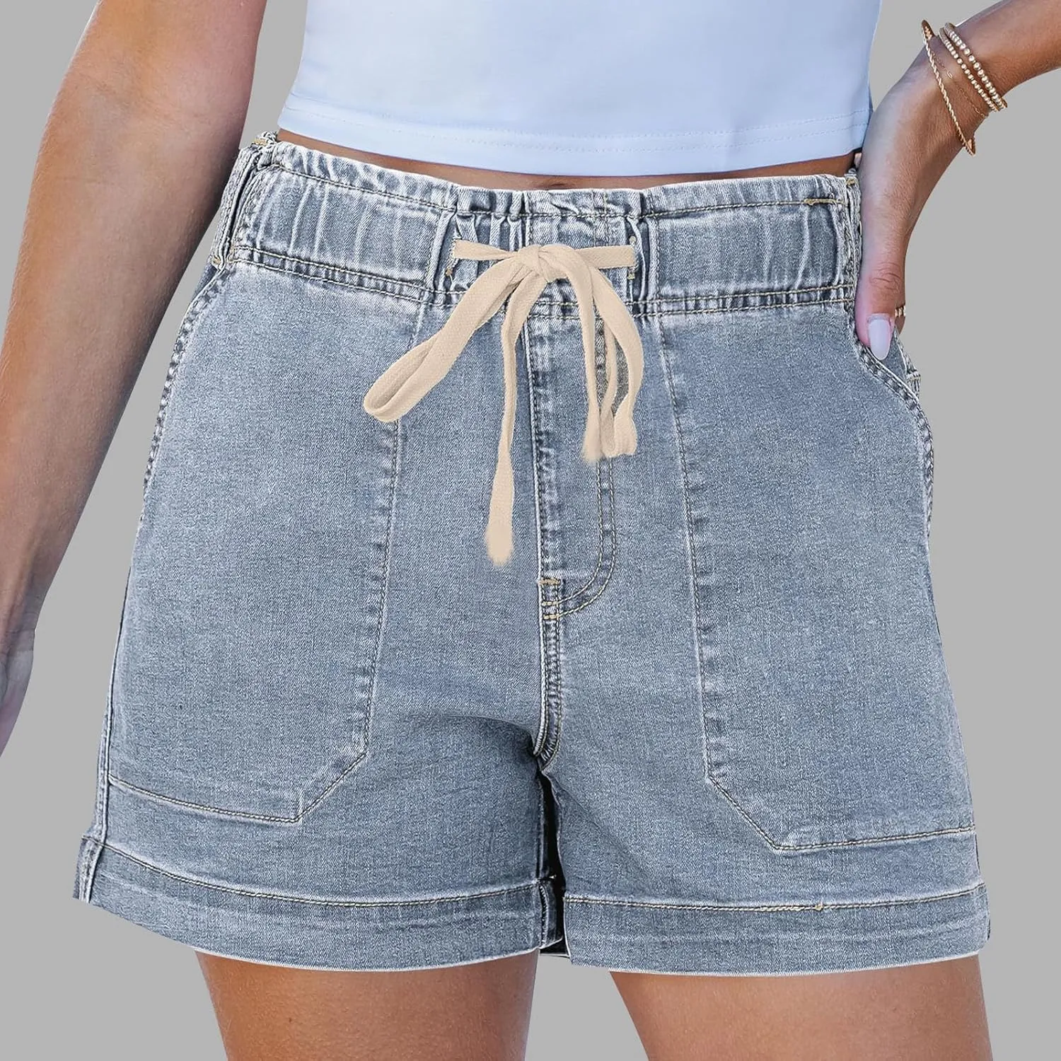 Women's Casual Fashion Denim Shorts High Waisted Short Jeans Stretchy Drawstring Elastic Waist Shorts
