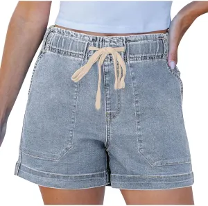 Women's Casual Fashion Denim Shorts High Waisted Short Jeans Stretchy Drawstring Elastic Waist Shorts