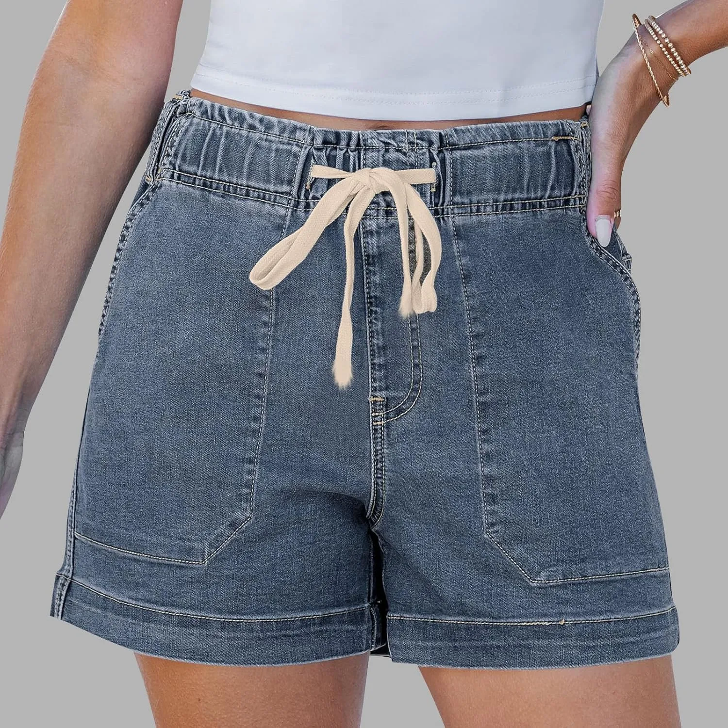 Women's Casual Fashion Denim Shorts High Waisted Short Jeans Stretchy Drawstring Elastic Waist Shorts